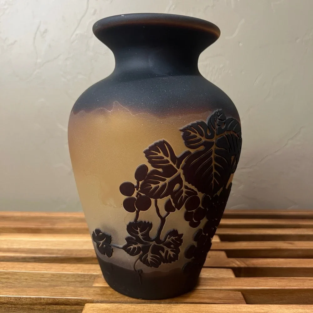 Frosted Amber Art Nouveau Glass Vase Grapevine Cameo Relief Black Ombre Finish